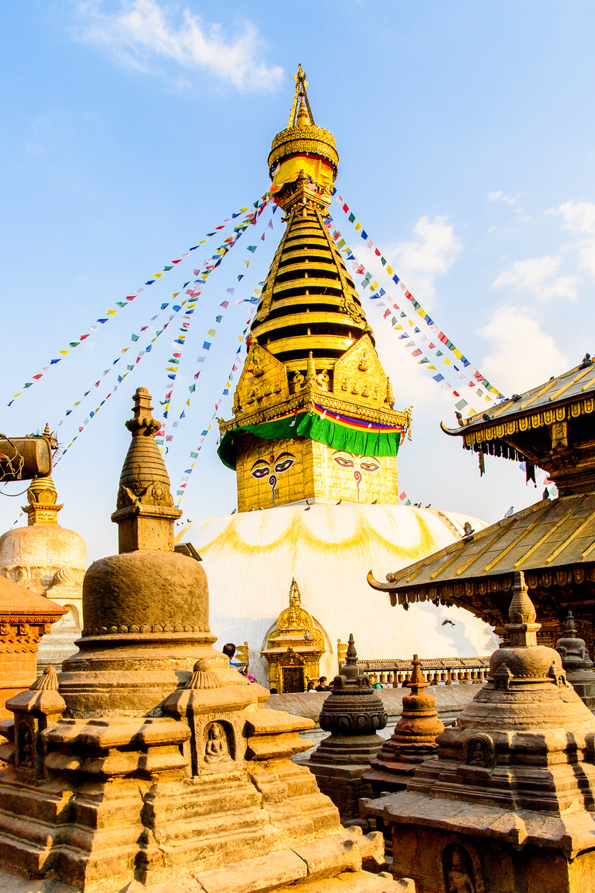 Swayambhunath (Swayambu or Swoyambhu), an ancient religious architecture atop a hill, Kathmandu, Nepal